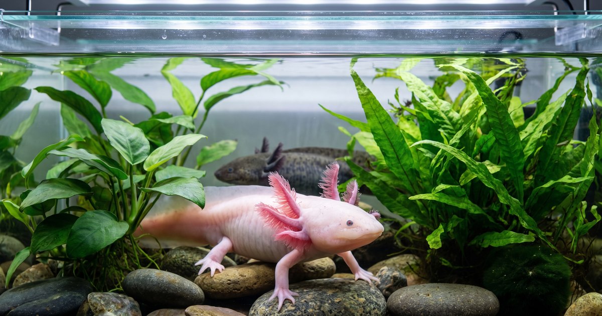 A pale axolotl with feathery external gills underwater