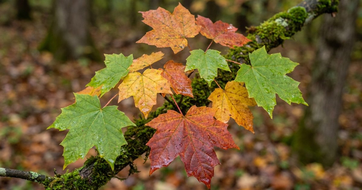 Maple leaves in green, yellow, orange and red