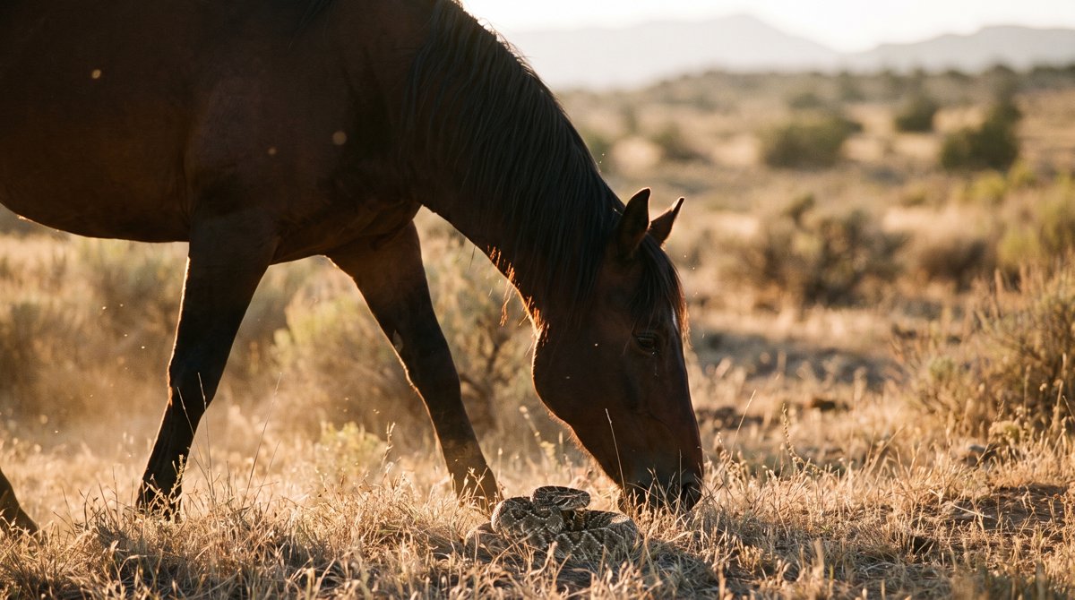 A brown horse grazing in a dry pasture near a coiled rattlesnake
