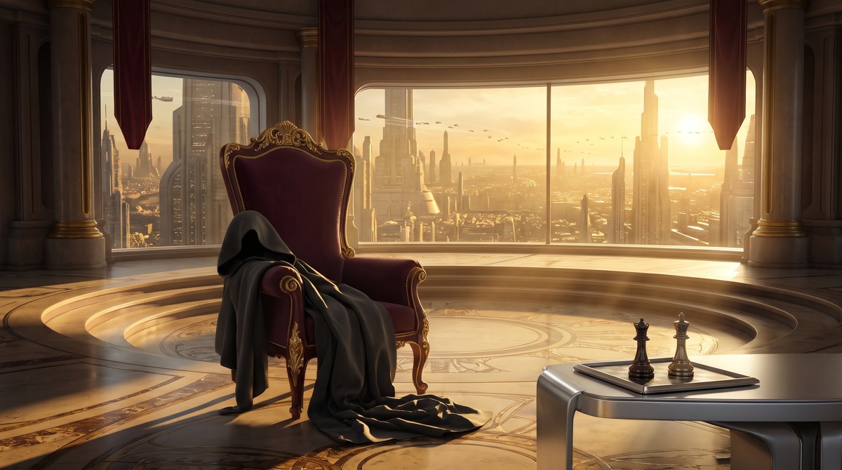 Empty burgundy senate chair, dark cloak and chess pieces overlooking a futuristic city