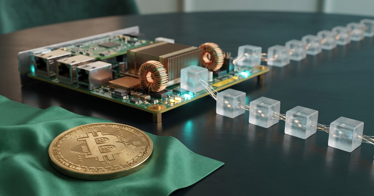 Conceptual Bitcoin token beside circuit boards and linked transparent blocks