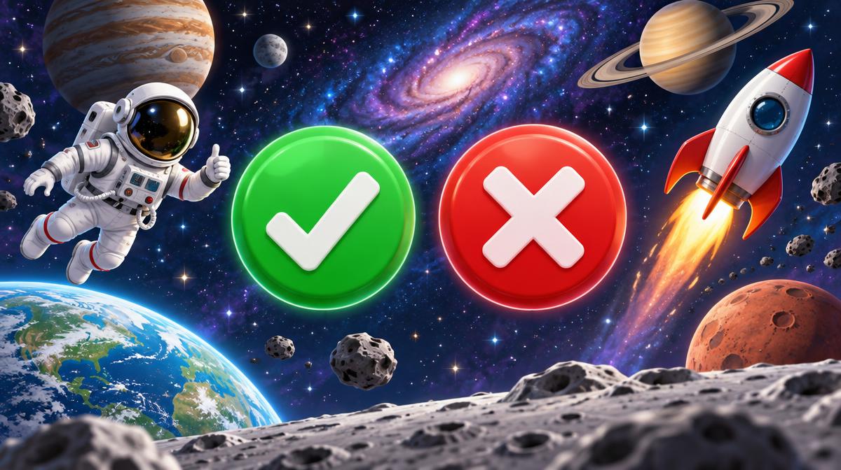 Illustration of astronauts on a true or false game show with planets and stars in the background