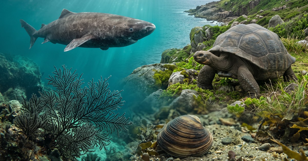 Illustrated Greenland shark, giant tortoise, ocean quahog clam and black coral in a land-and-sea montage