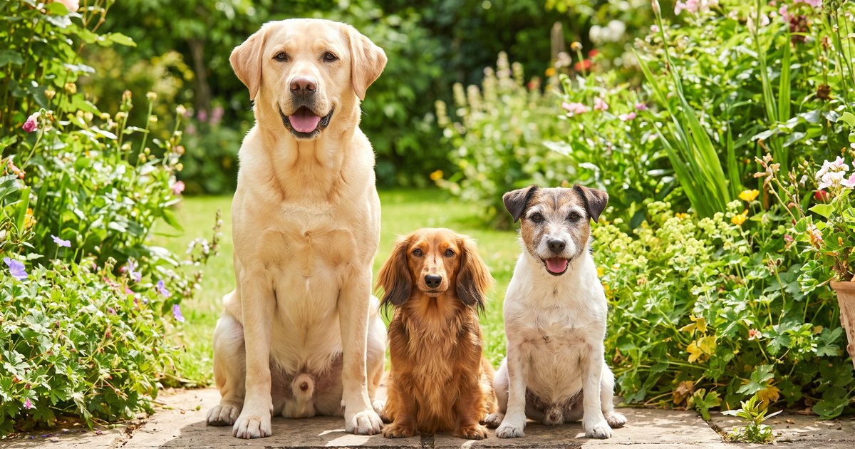 A Labrador retriever, dachshund and terrier sitting together in a garden