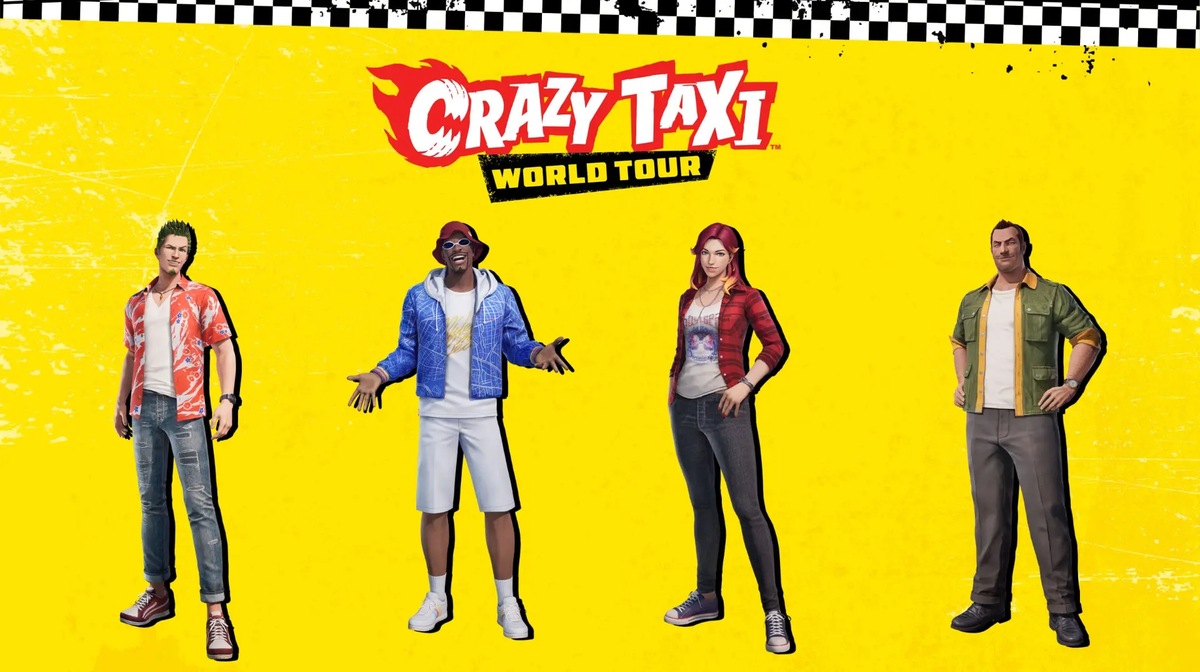 Supplied Crazy Taxi World Tour character lineup showing four drivers against a yellow background