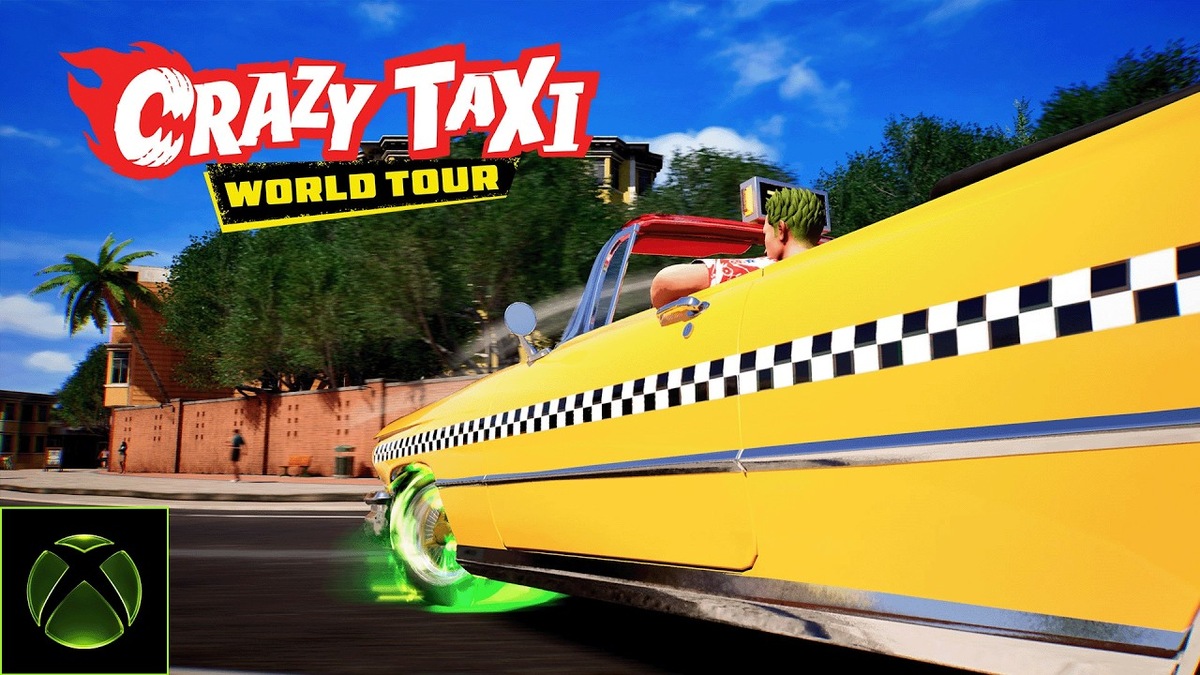 Crazy Taxi World Tour artwork showing Axel driving a yellow convertible taxi with a checkerboard stripe