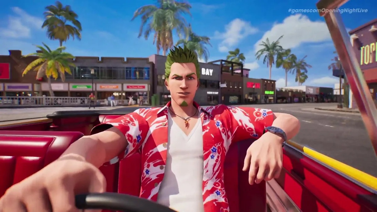 Green-haired Axel in a red patterned shirt seated behind the wheel of a convertible taxi