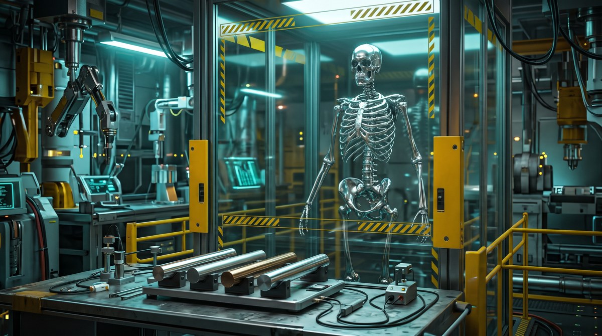 Metallic anatomical skeleton model and alloy samples in a futuristic laboratory