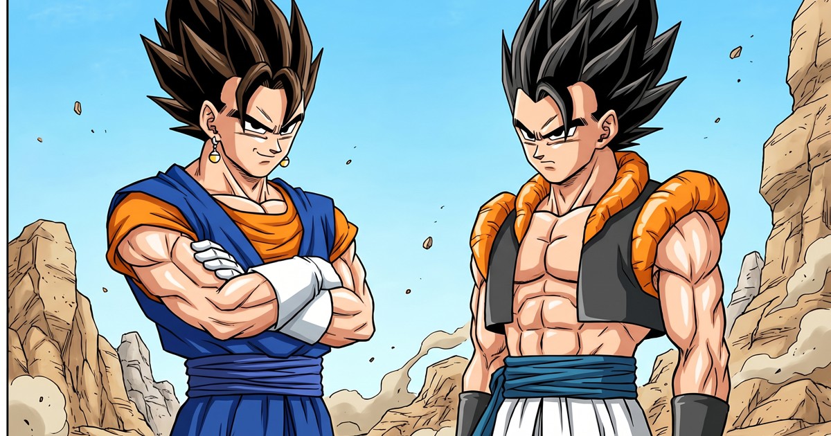Anime illustration of Vegito in a blue gi and Gogeta in a fusion vest facing each other