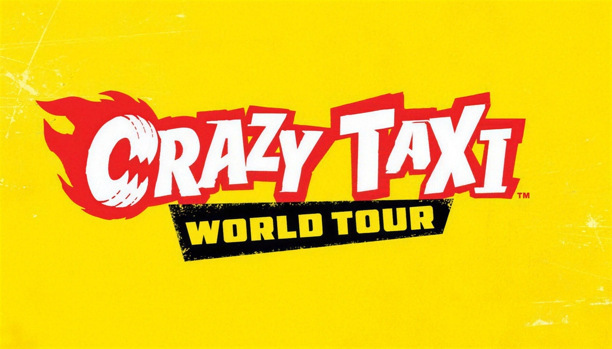 Crazy Taxi World Tour red-and-white logo against a textured yellow background