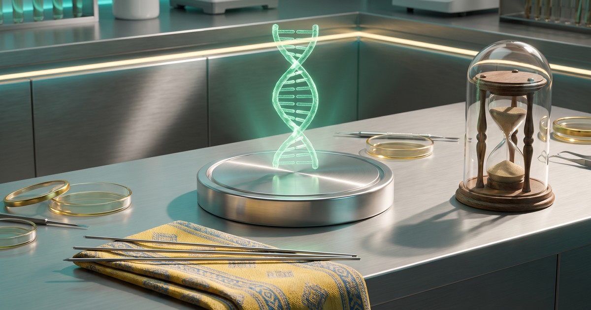 Glowing DNA helix, three silver metal rods and an hourglass in a laboratory, symbolizing Wolverine's healing factor and mortality