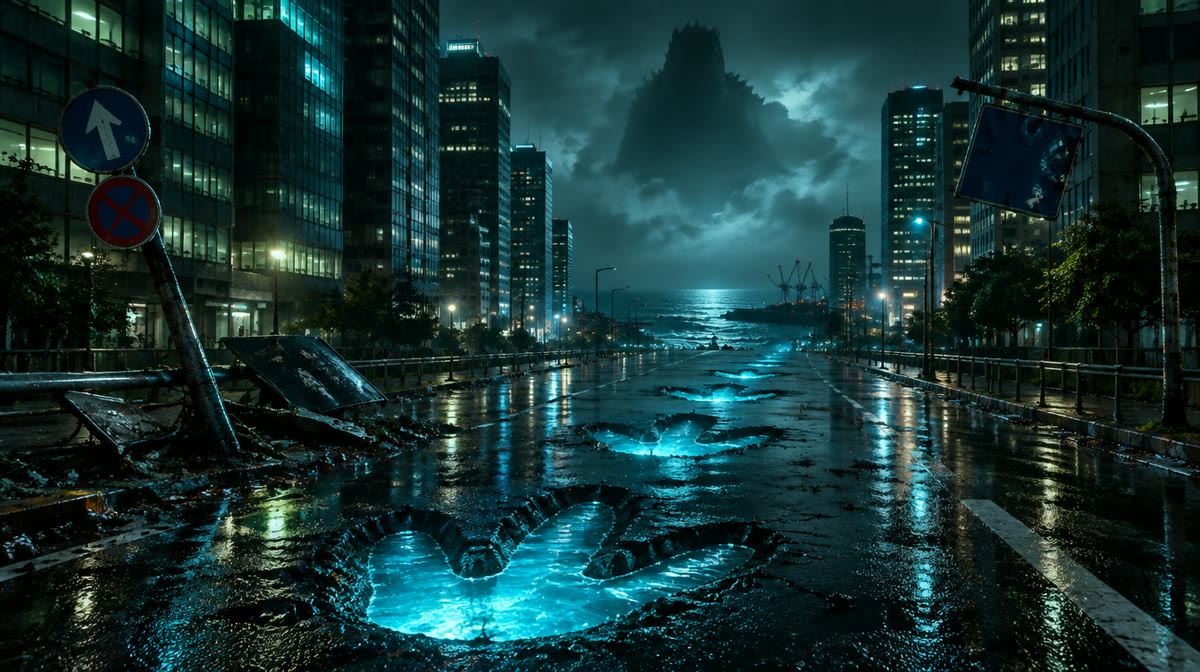 Godzilla roaring with a cityscape in the background