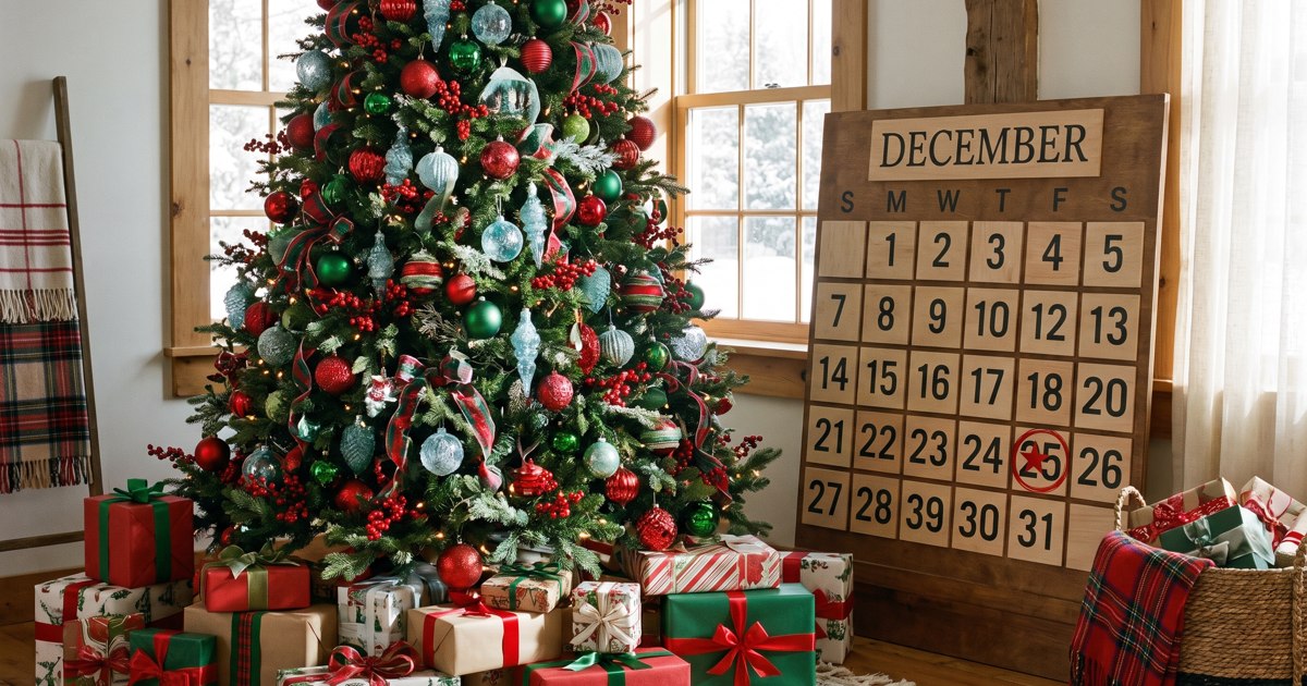 A decorated Christmas tree with wrapped presents and warm lights