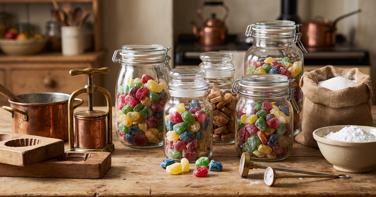 Colorful candy jars and confectionery tools