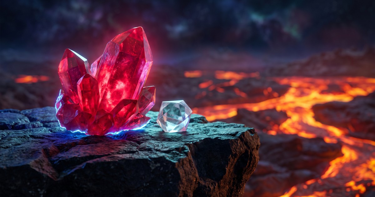 Symbolic glowing red crystal beside a clear crystal on volcanic rock