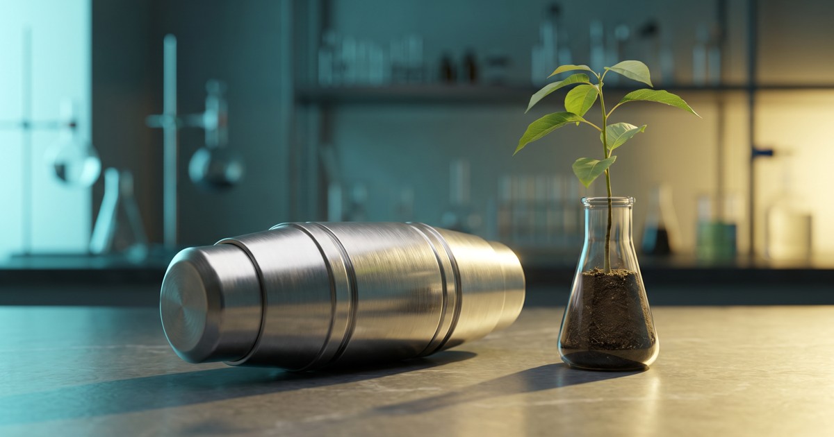 Symbolic metal shell beside a living sapling in a laboratory, representing resilience and its limits