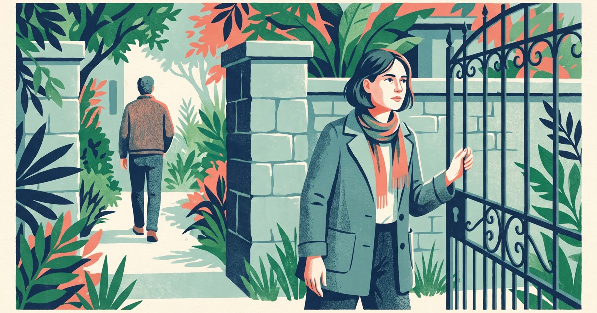 Illustrated adults separated by a courtyard gate, symbolizing personal boundaries