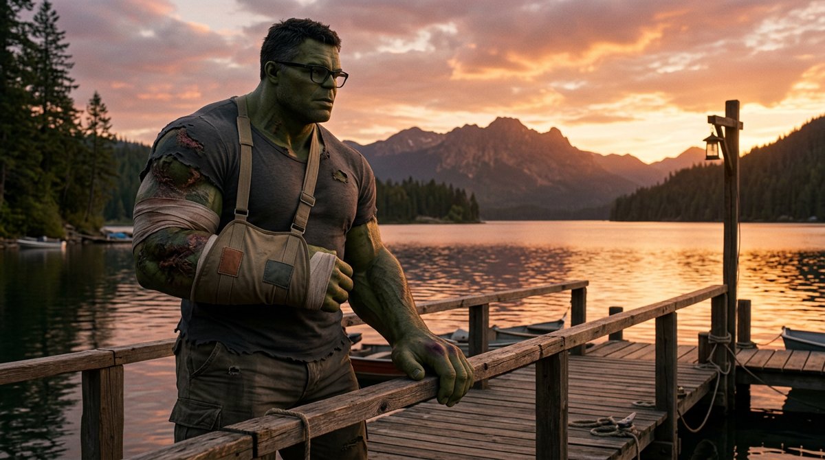 Smart Hulk with his scarred right arm in a sling beside a lake at sunset