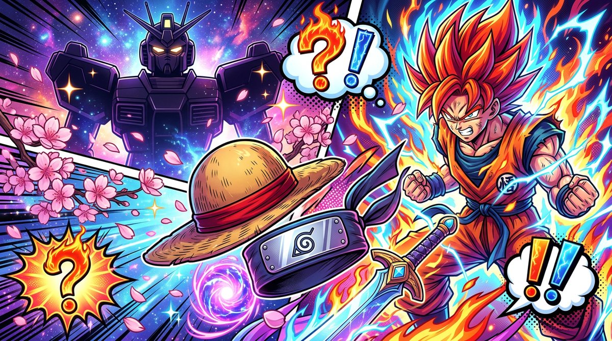 Colorful anime collage with a powered-up fighter, a mecha, cherry blossoms and question-mark bubbles