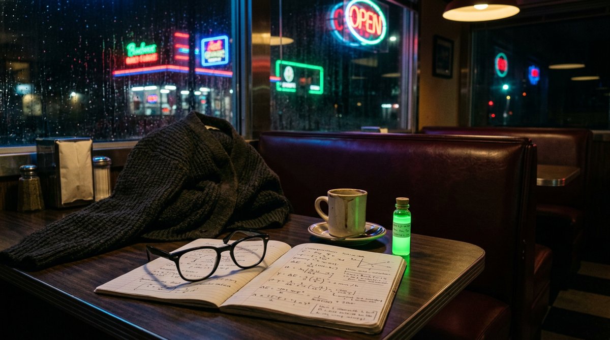 Smart Hulk in glasses and a cardigan sitting in a retro diner booth