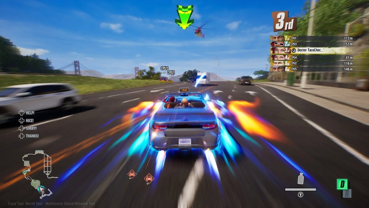 Crazy Taxi World Tour multiplayer test screenshot showing a blue taxi, rival drivers, position indicator and a green directional arrow