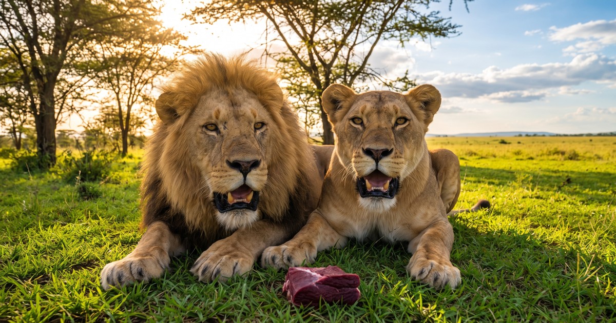 A male lion and lioness beside a small meat portion on a green savanna