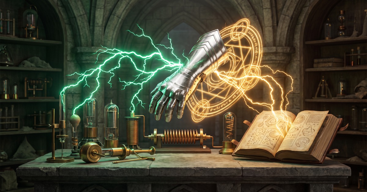 Doctor Doom-themed laboratory with a metal gauntlet, emerald electricity, golden magical rings and a spellbook