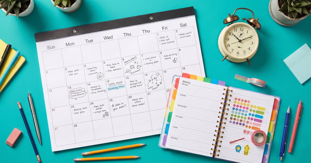 A wall calendar and planner illustrating numbered weeks