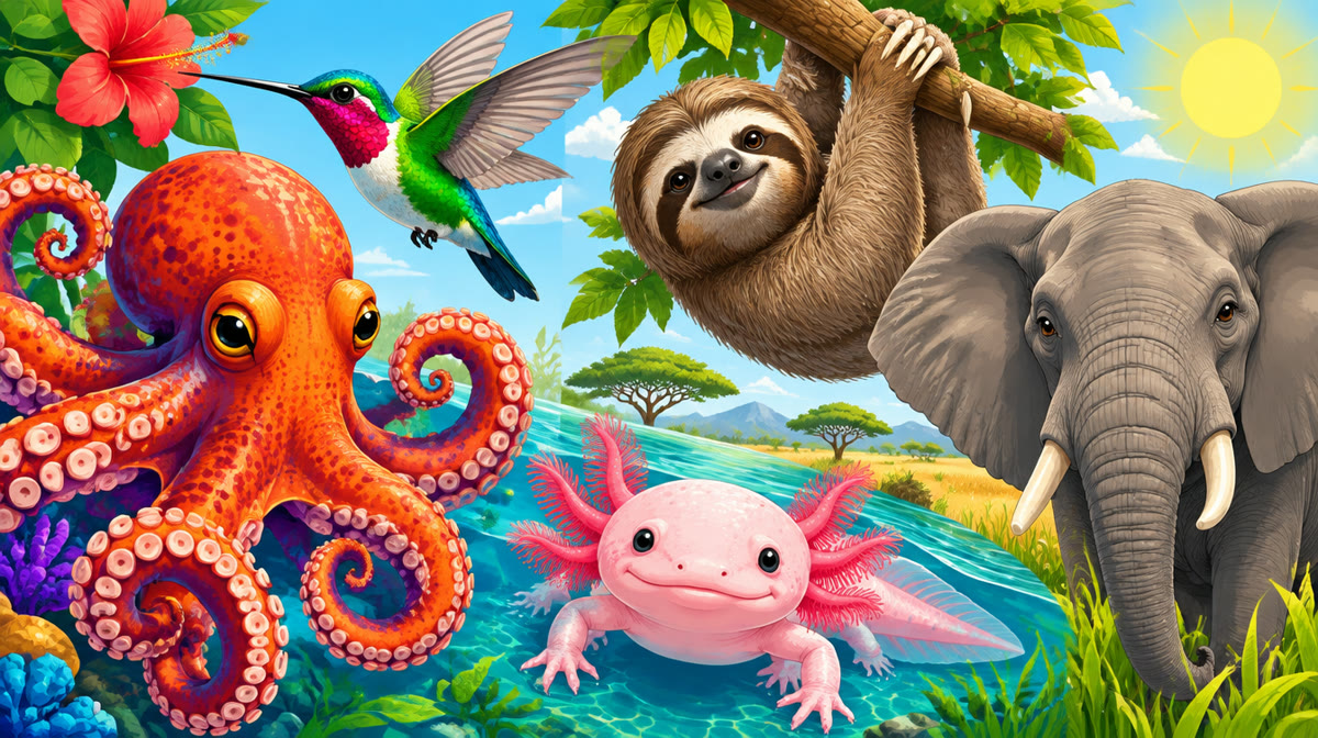 A collage of diverse wild animals including an octopus, a mantis shrimp and a tardigrade