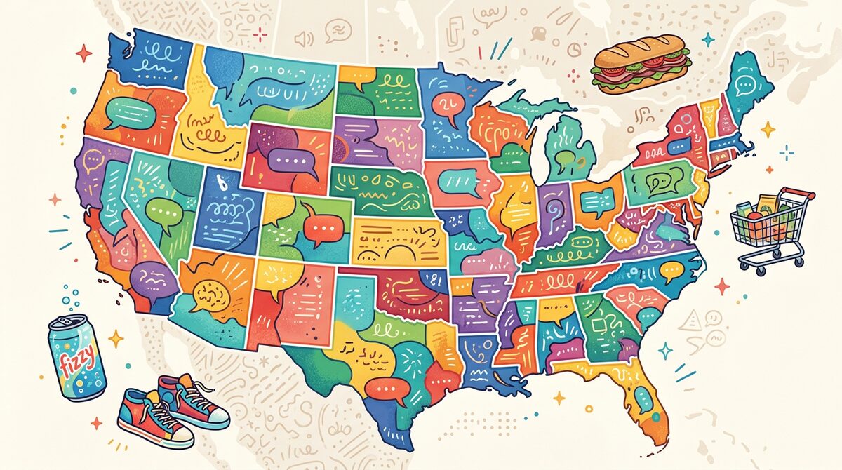 Colourful US map made of speech bubbles with a soda can, sub sandwich and sneakers