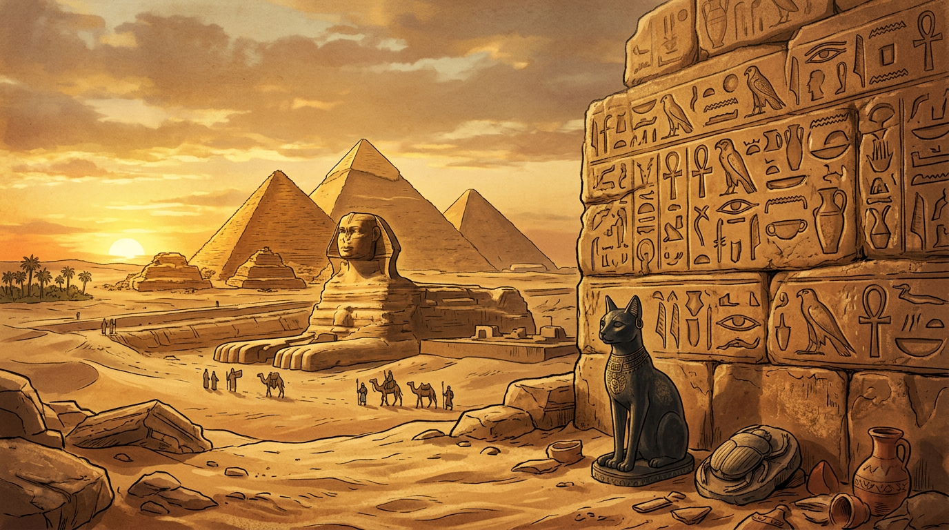 Ancient Egyptian temple columns, papyrus, tools and pyramids beside the Nile