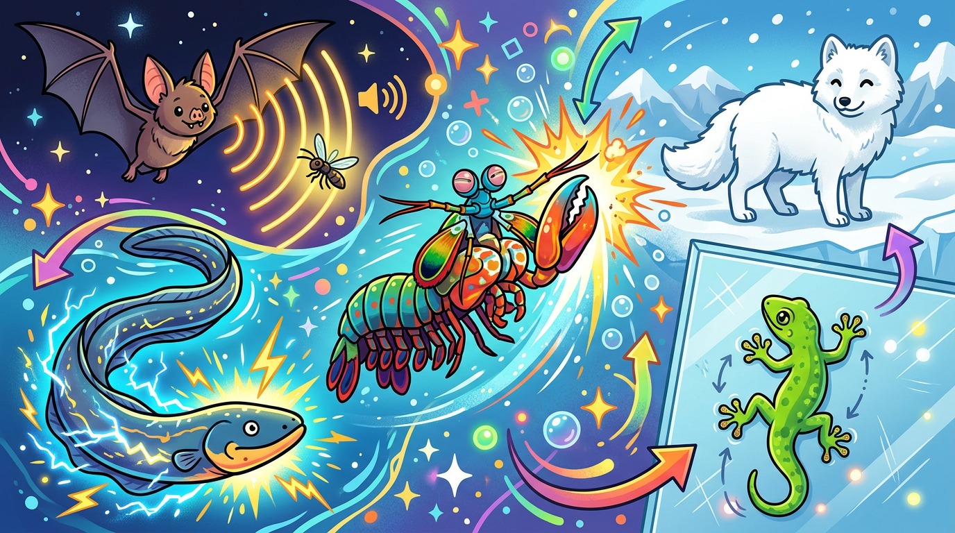 Illustration of a mantis shrimp, bat, electric eel, gecko and arctic fox