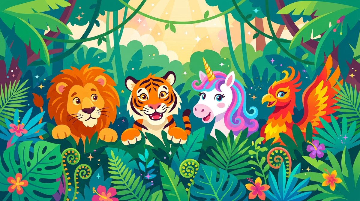 Playful illustration of wild animals peeking over jungle leaves