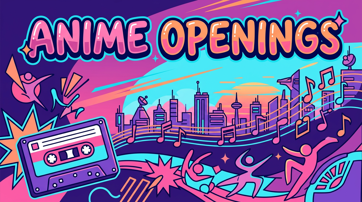 Purple and pink anime-styled skyline with a cassette tape and musical notes