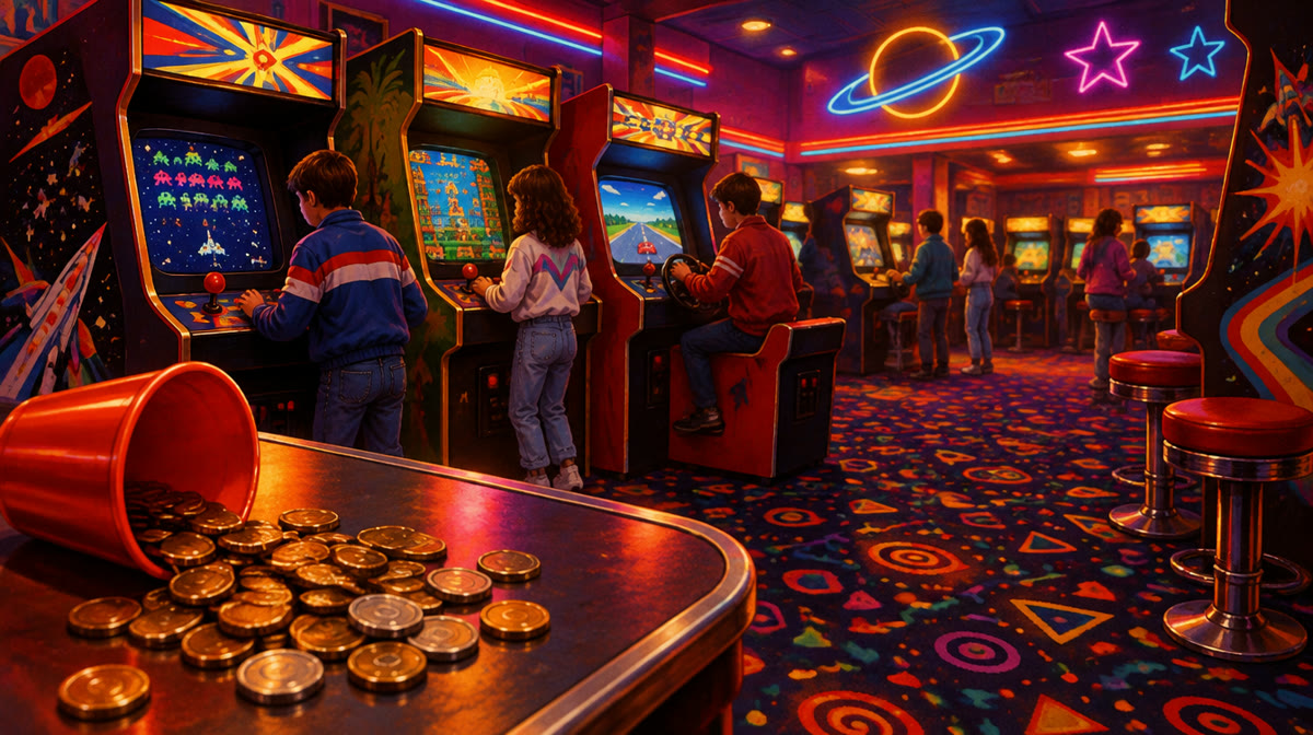 A retro arcade hall filled with glowing cabinet machines and neon lighting