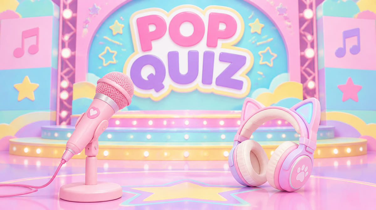 A pair of white cat-ear headphones on a pastel background