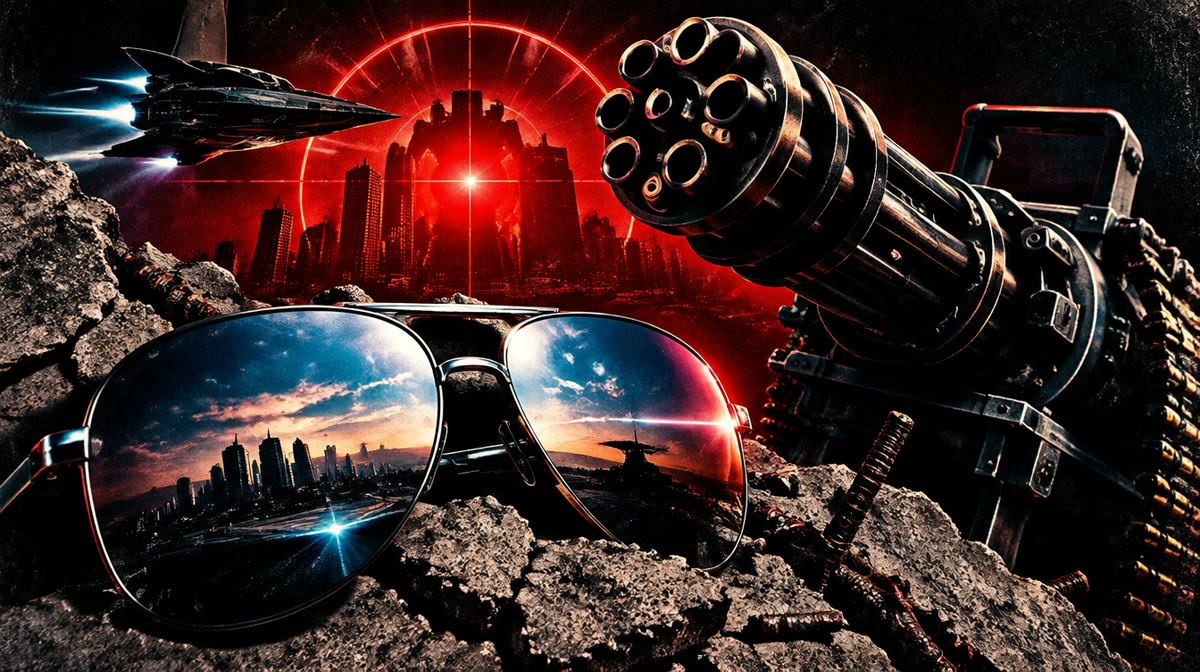 Cybernetic action hero with sunglasses against a fiery industrial backdrop, evoking The Terminator