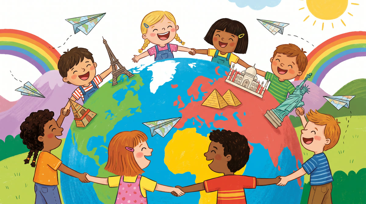 Happy kids around a colorful globe with paper planes and toy world landmarks