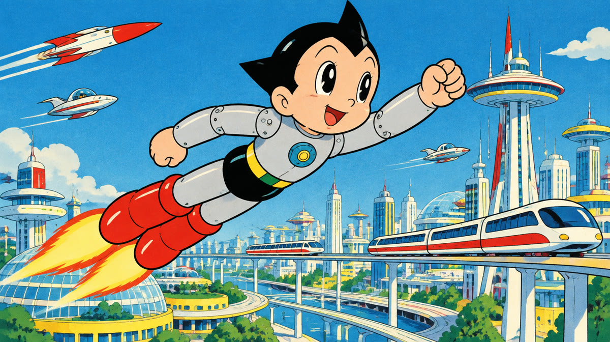 A boy robot with pointed hair and rocket boots flying over a city skyline
