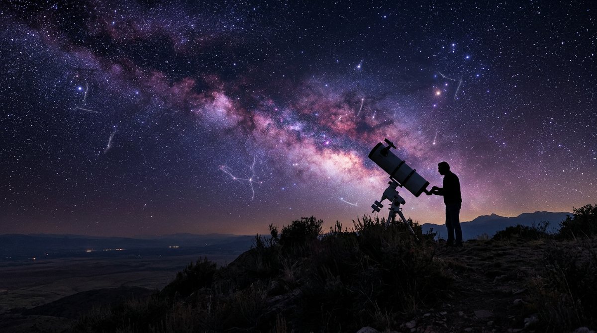 Astronomer with a telescope under a vivid Milky Way and traced constellations