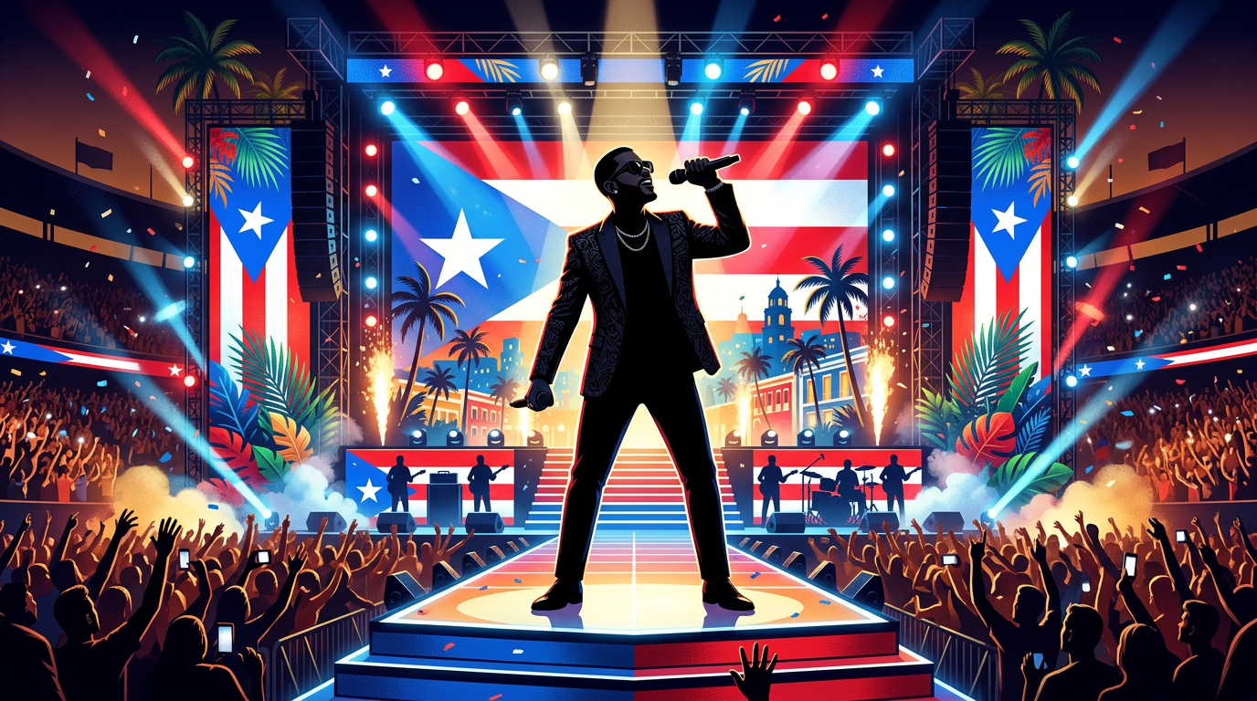 Latin music superstar performing beneath vivid stage lights