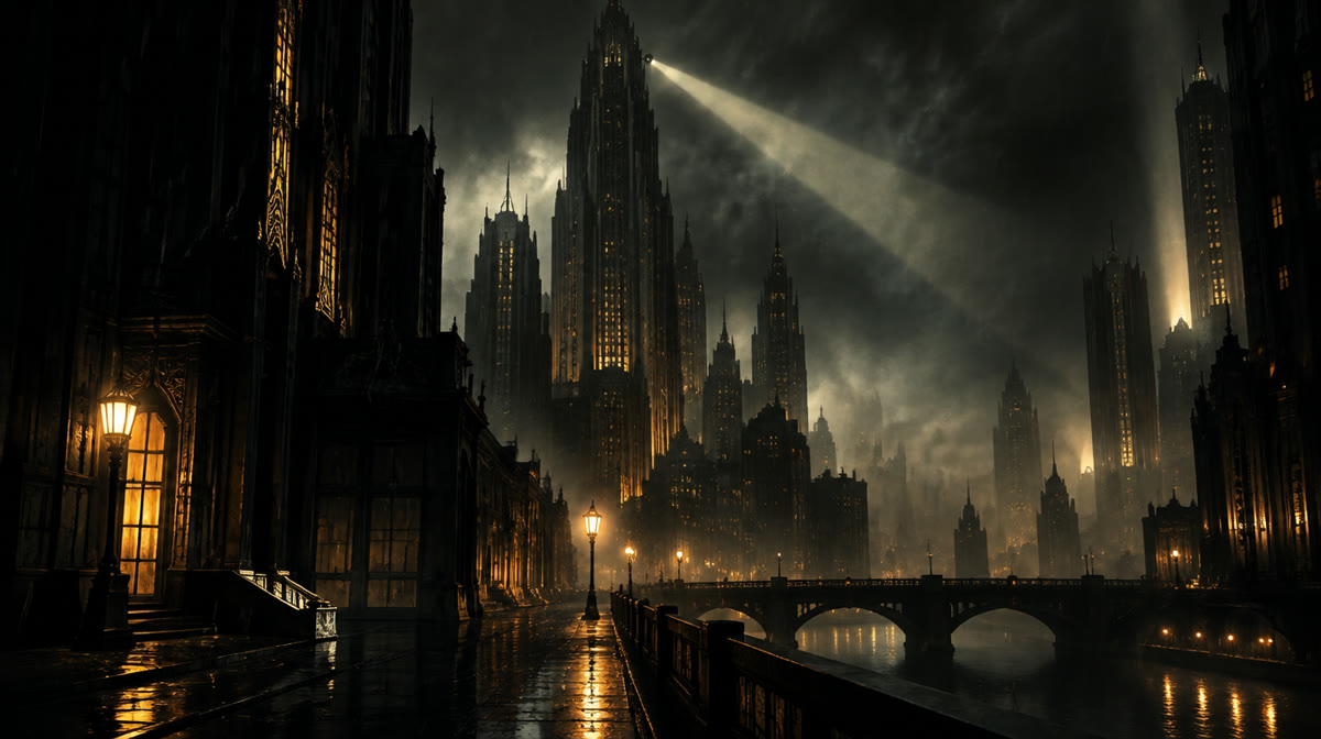 Batman silhouette against a spotlight over a dark Gotham skyline