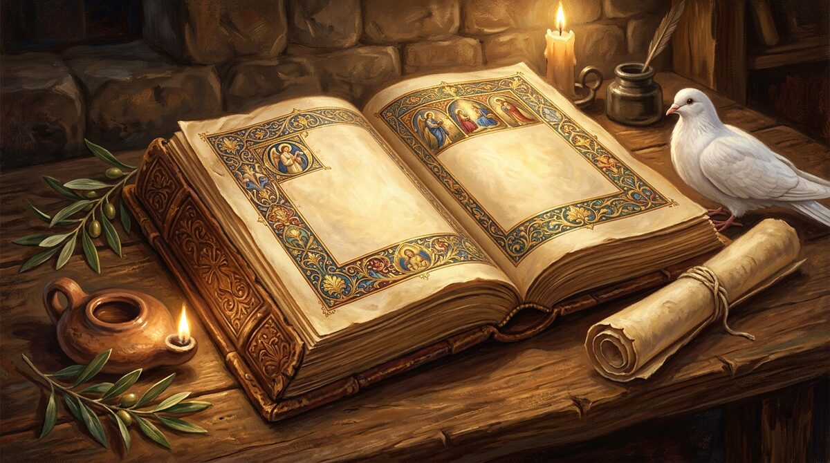 Open illuminated book on a wooden table with olive branch, oil lamp, scroll and dove
