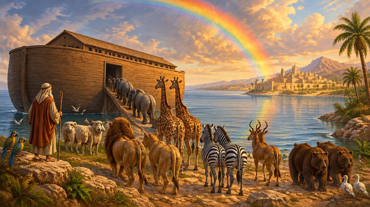 Painted ark on calm water under a rainbow with animals in pairs