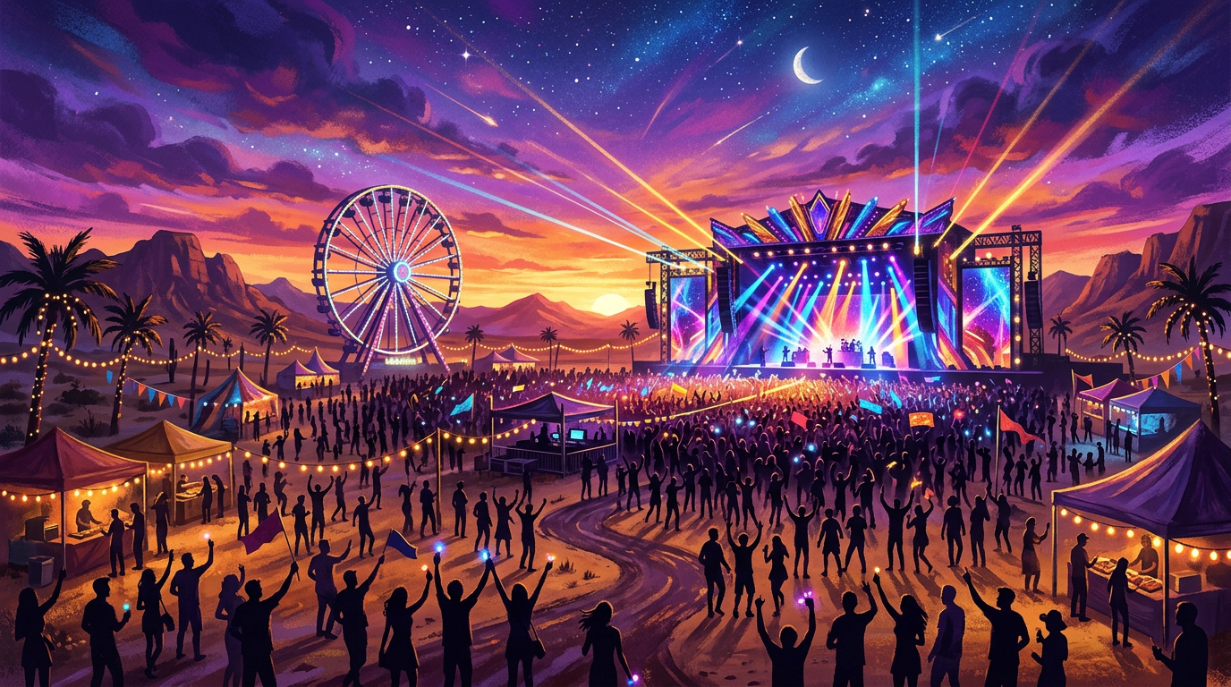 Pop singer silhouette performing before a desert festival crowd