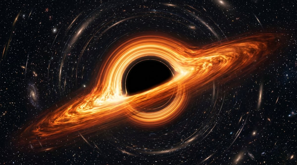 Supermassive black hole with a glowing orange accretion disk bending starlight