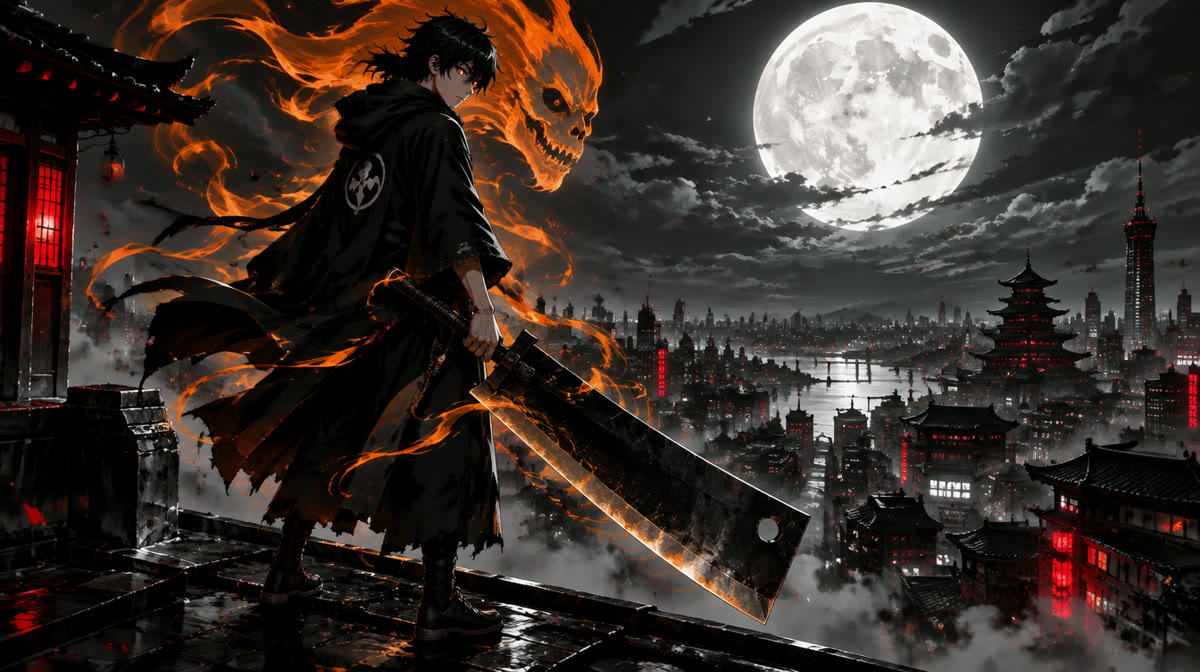 A Soul Reaper wielding a large sword against a swirling spiritual backdrop