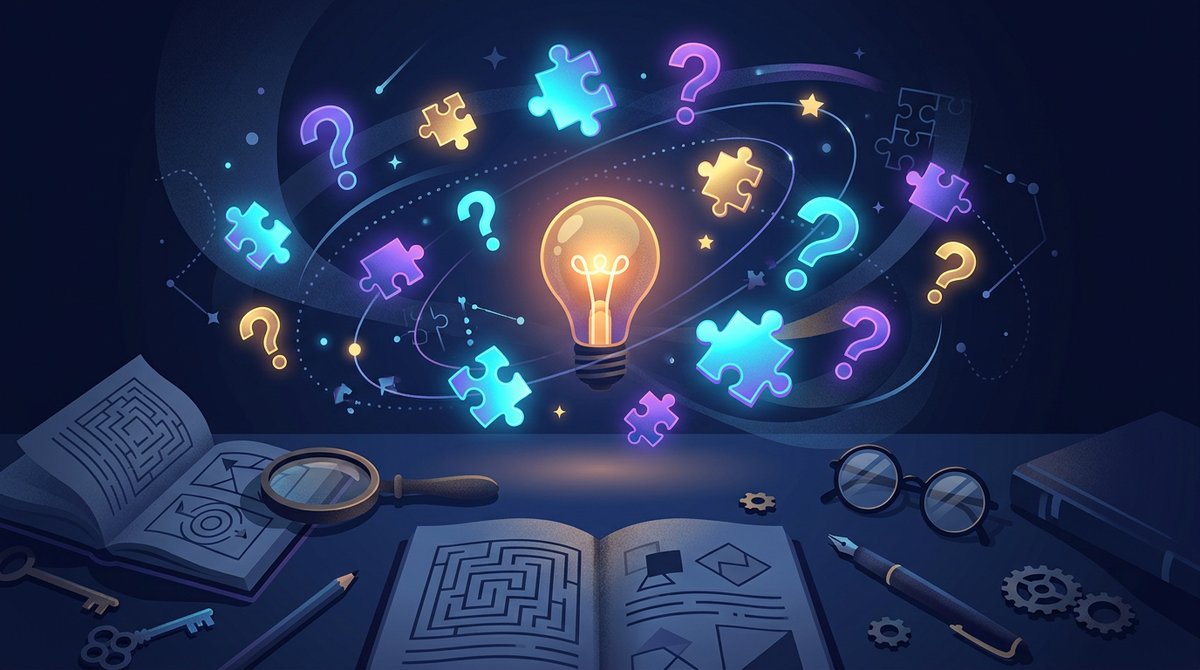 Glowing puzzle pieces and question marks floating over a dark desk