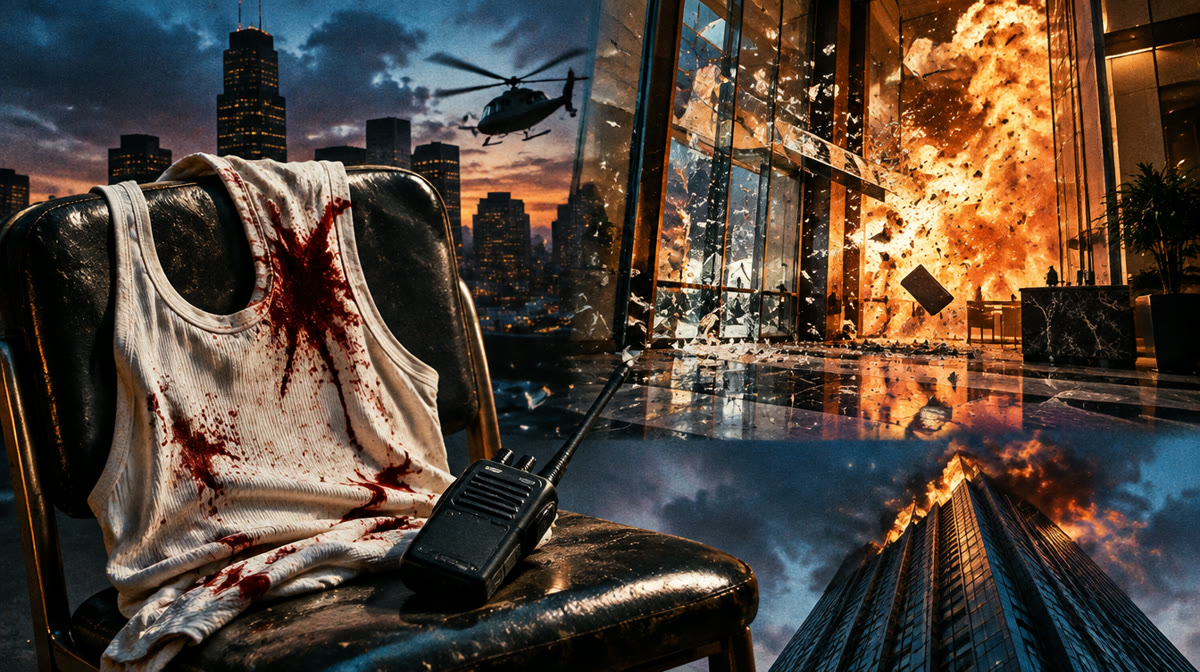 Barefoot action hero in a torn white vest atop a skyscraper, evoking Bruce Willis's Die Hard