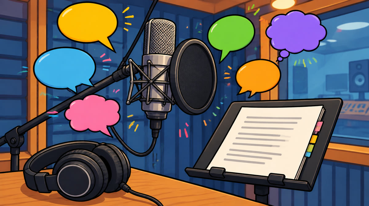 A voice actor recording in a sound booth with a microphone and script